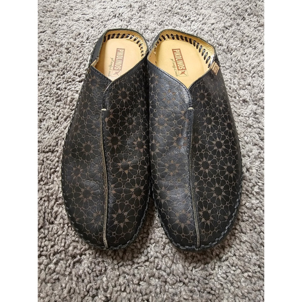 Pikolinos Womens Denia Black Leather Floral Laser Cut Mules Slip On Shoes Sz38